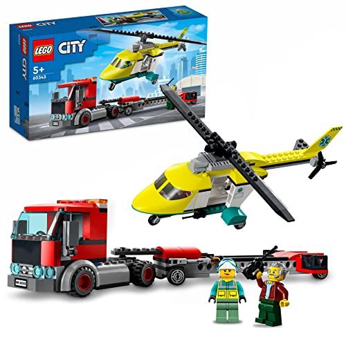LEGO City 60343: Transporte del Helicóptero de Rescate con Camión de Juguete y Mini Figuras
