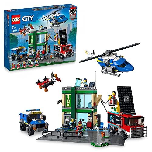 LEGO City 60317: Persecución Policial en el Banco, Helicóptero de Juguete, Dron y 2 Camiones