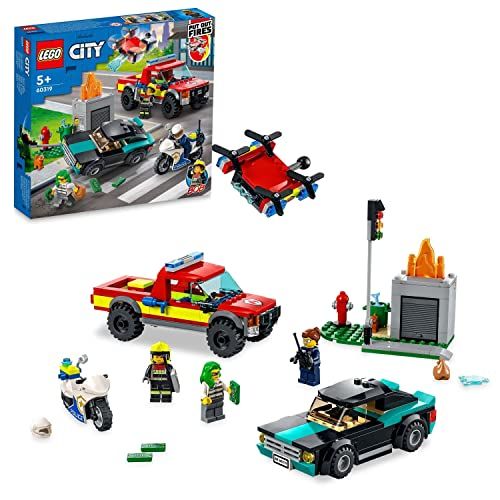 LEGO City 60319: Rescate de Bomberos y Persecución Policial, Set con Moto, 2 Coches de Juguete y Dron
